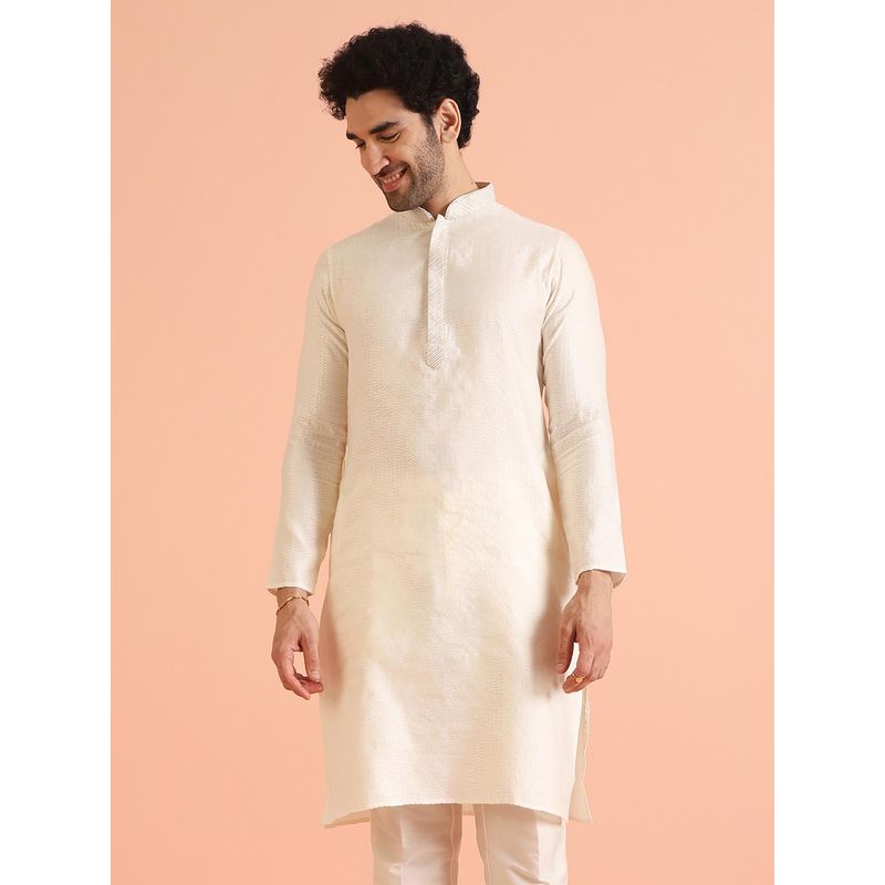 KISAH Men White Textured Silk Blend Jacquard Kurta with Abstract Print (38)