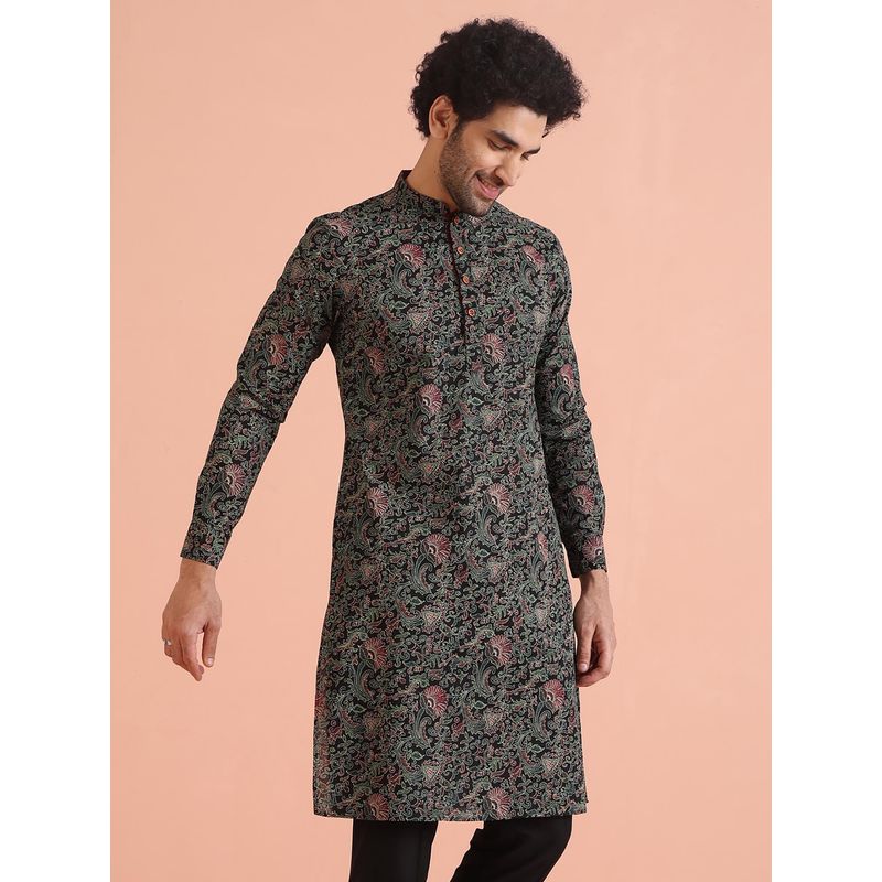 KISAH Men Black Printed Cotton Blend Kurta with Kantha Print (S)