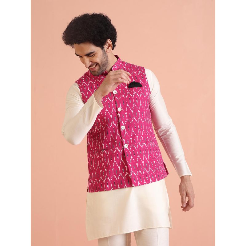 KISAH Men Pink Printed Cotton Blend Nehru Jacket with Zari Design (M)