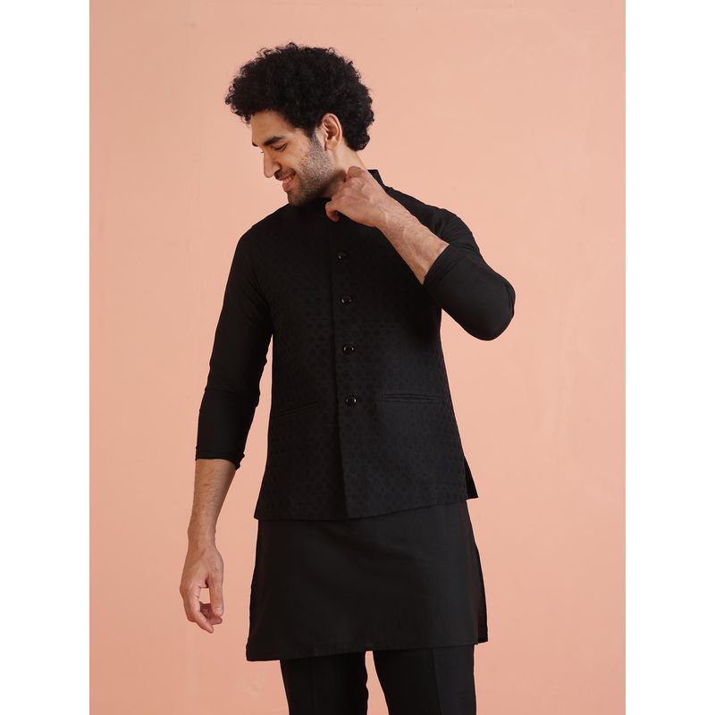 KISAH Men Black Textured Cotton Blend Nehru Jacket with Woven Design (M)