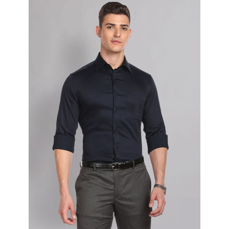 AD By Arvind Solid Twill Formal Shirt Navy Blue (42)