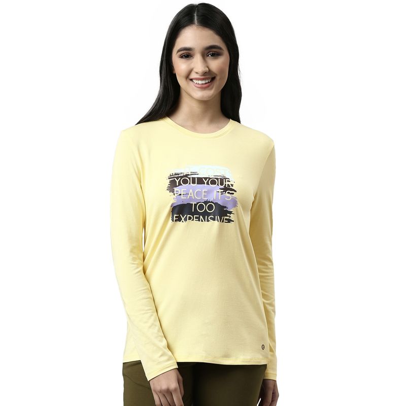 Enamor Womens Essentials E057-Long Sleeve Round Neck Cotton Lounge Tshirt-Lemon Cream (L)