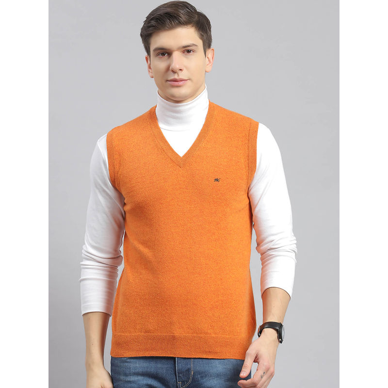 Monte Carlo Orange Mix Solid V Neck Sweater (L)
