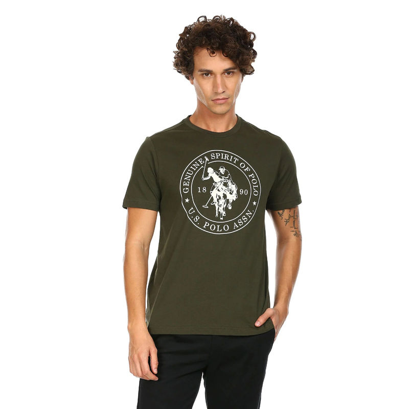 U.S. POLO ASSN. Men Green I643 Comfort Fit Printed Cotton T-Shirt (L) (L)