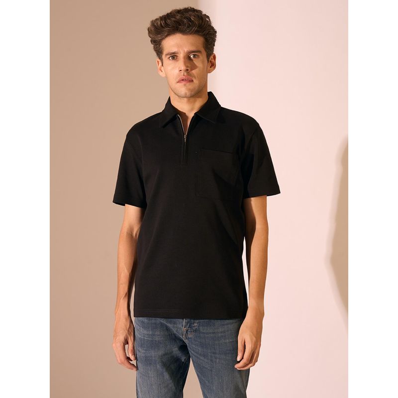 Selected Black Zip Detail Organic Cotton Polo T-Shirt (XS)