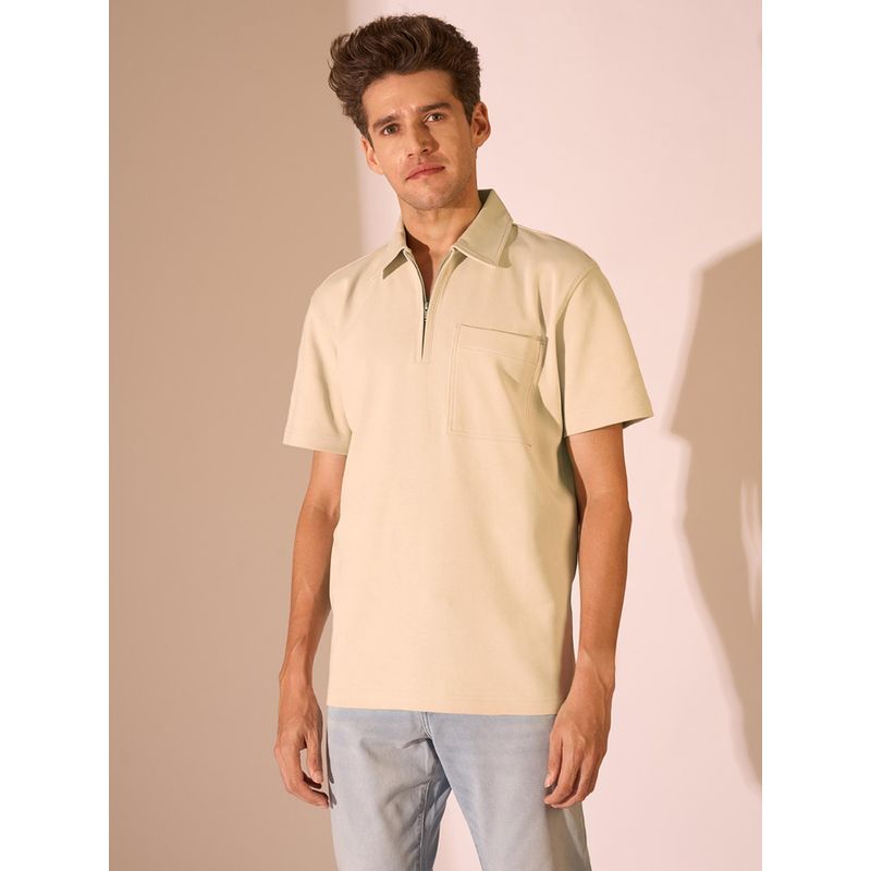 Selected Beige Zip Detail Organic Cotton Polo T-Shirt (M)