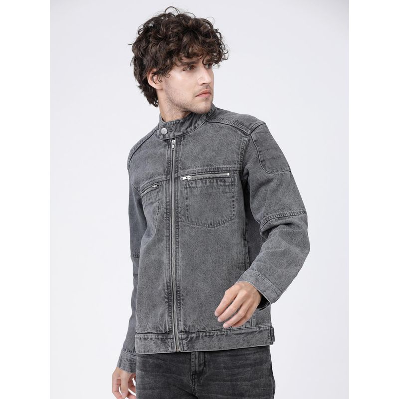 HIGHLANDER Men Grey Solid Denim Jacket (M)