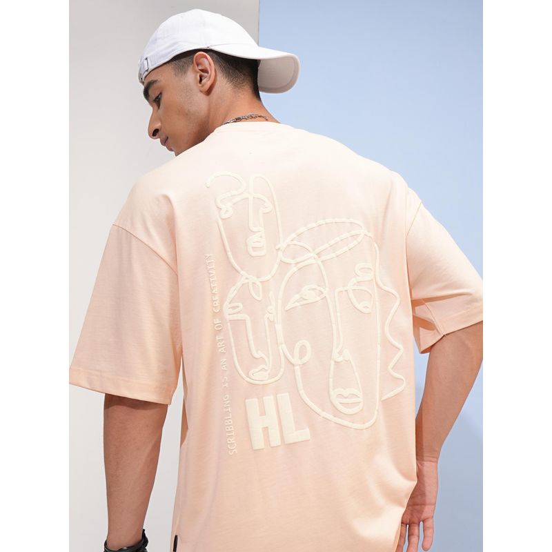 HIGHLANDER Crew Neck Drop Shoulder Cotton Oversized T-Shirt - Peach (L)
