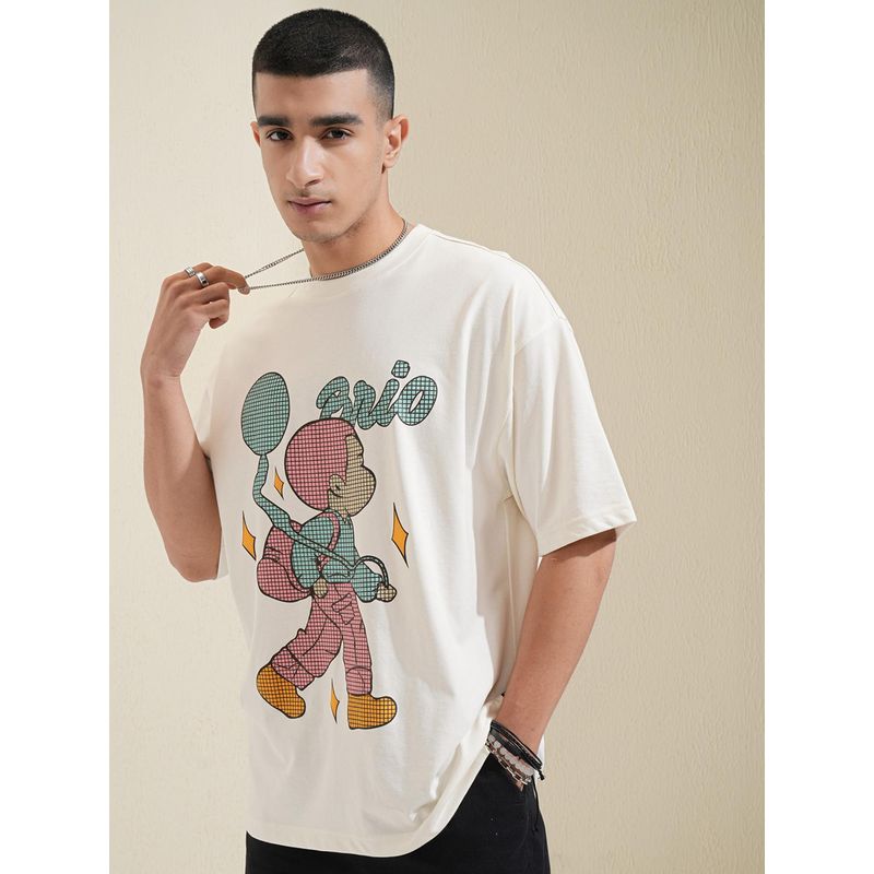 HIGHLANDER Men Off White Drop Shoulder Printed Oversized T-Shirt (L)