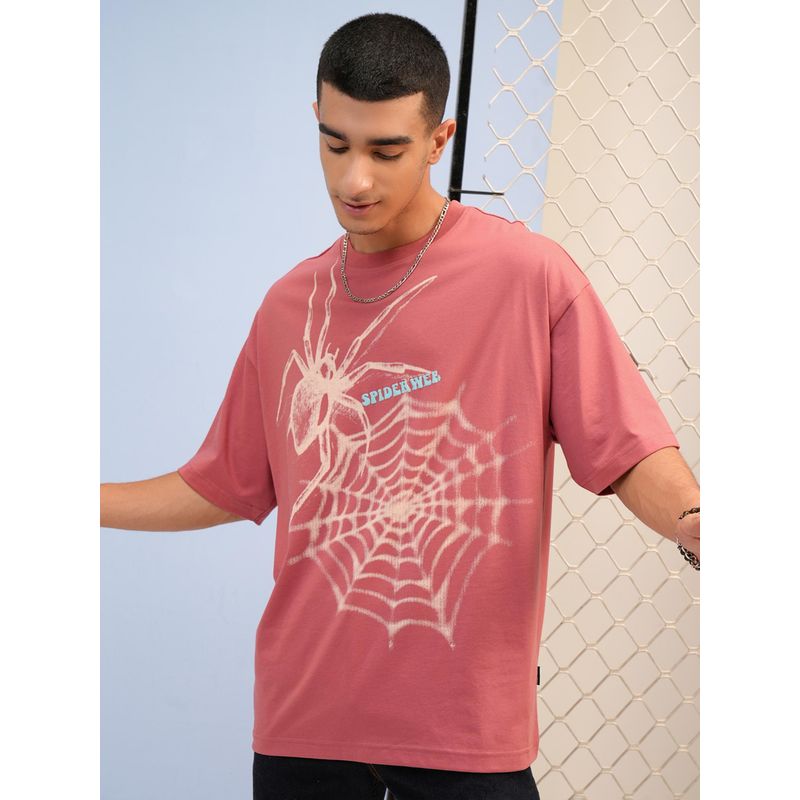 HIGHLANDER Men Pink Puff Printed Crew Neck Half Sleeve Oversized T-Shirt (M)