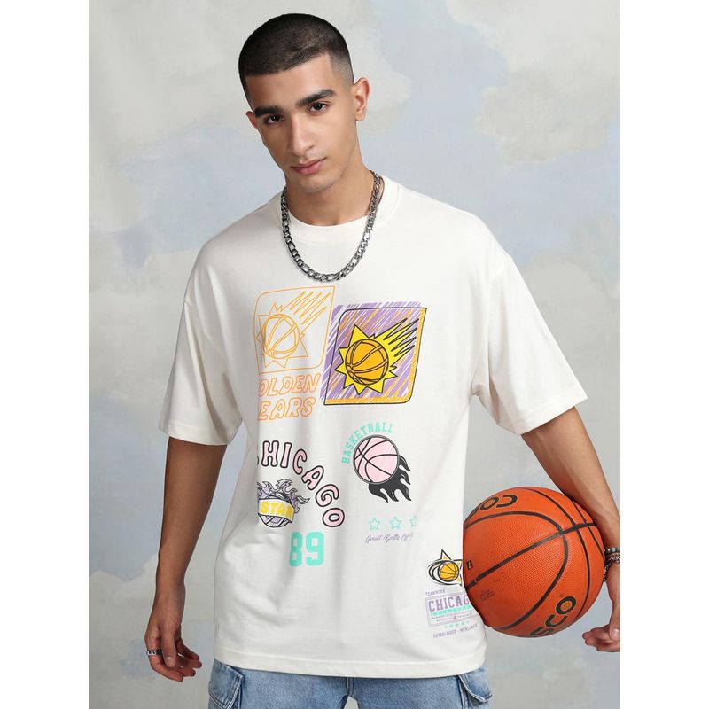 HIGHLANDER Men Off White Oversized Drop Shoulder Round Neck Half Sleeve T Shirt (L)