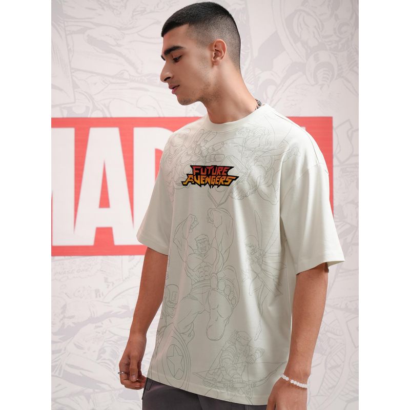 HIGHLANDER Men Avenger Printed Off White Crew Neck Oversized Drop Shoulder T-Shirt (L)
