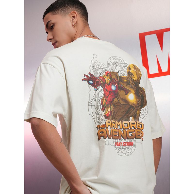HIGHLANDER Men Off White Iron Man Crew Neck Oversized Drop Shoulder T-Shirt (L)