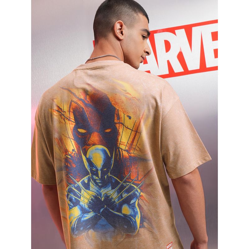 HIGHLANDER Men Wolverine and Deadpool Brown Crew Neck Oversized Drop Shoulder T-Shirt (L)