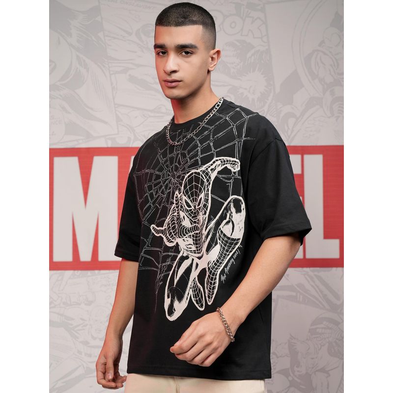 HIGHLANDER Spider-Man Men Black Crew Neck Drop Shoulder T-Shirt (M)
