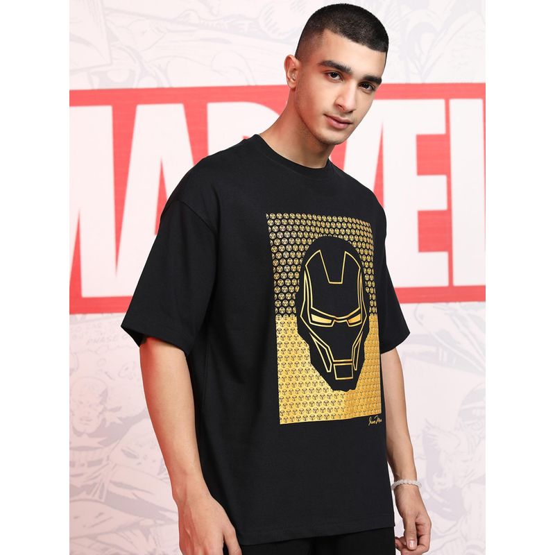 HIGHLANDER Men Black Iron Man Crew Neck Drop Shoulder Oversized T-Shirt (S)