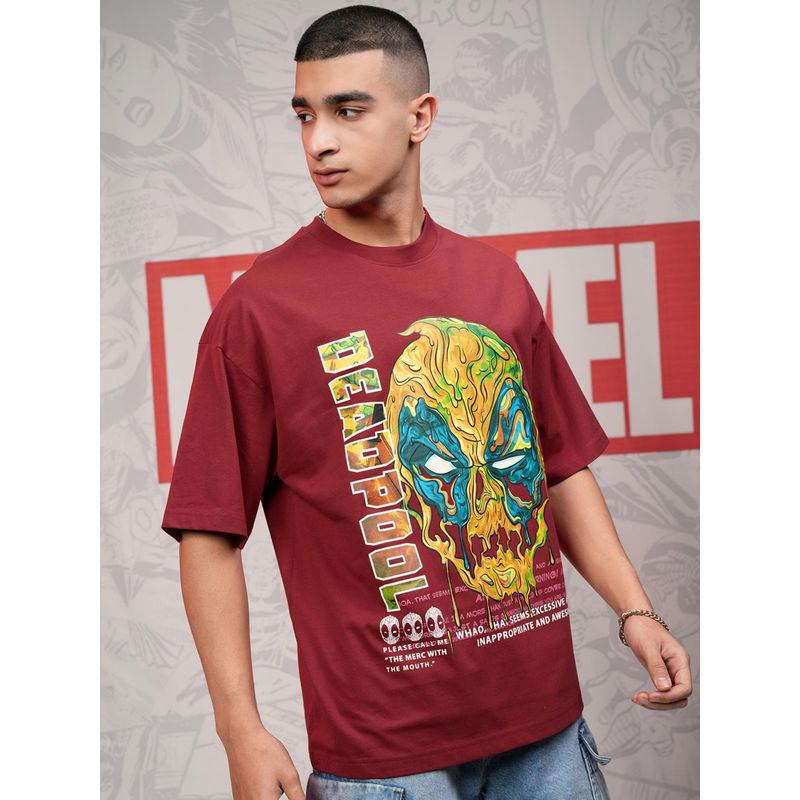 HIGHLANDER Deadpool Men Maroon Crew Neck Drop Shoulder T-Shirt (L)