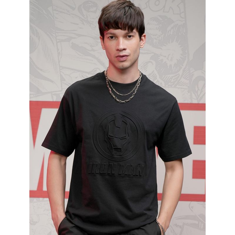 HIGHLANDER Men Iron Man Black Crew Neck Drop Shoulder Relaxed Fit T-Shirt (S)