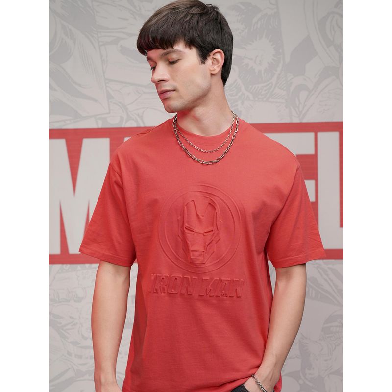 HIGHLANDER Iron Man Men Red Crew Neck Drop Shoulder Relaxed Fit T-Shirt (L)