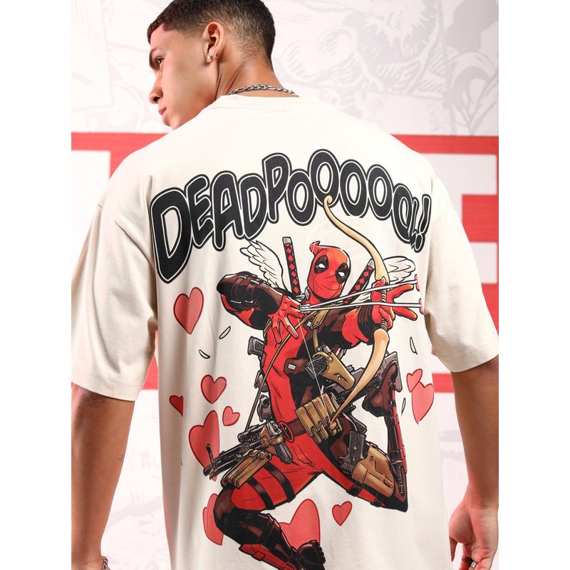 HIGHLANDER Men Cream Deadpool Crew Neck Short Sleeve Oversized Drop Shoulder T-Shirt (M)