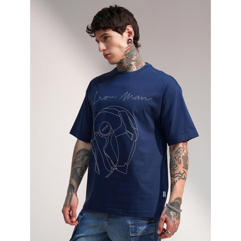 HIGHLANDER Iron Man Embroidered Drop-Shoulder Sleeves Cotton Oversized T-Shirt - Navy Blue (L)