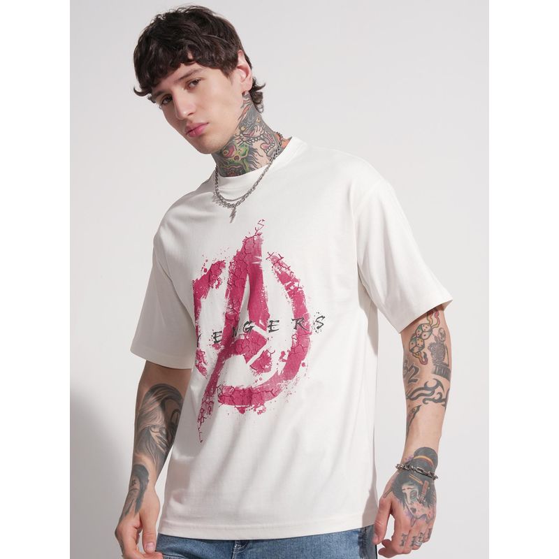 HIGHLANDER Avengers Men Off White Crew Neck Relaxed Drop Shoulder Printed T-Shirt (L)