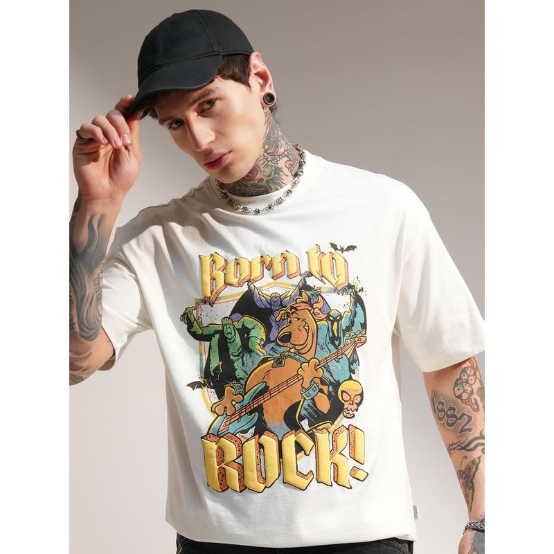 HIGHLANDER Men Printed Drop-Shoulder Sleeves T-Shirt - Off White (L)