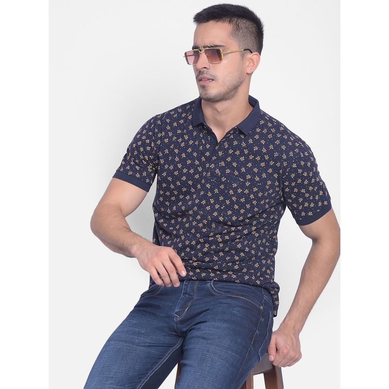 CRIMSOUNE CLUB Mens Navy Blue Floral Polo T-Shirt (2XL)