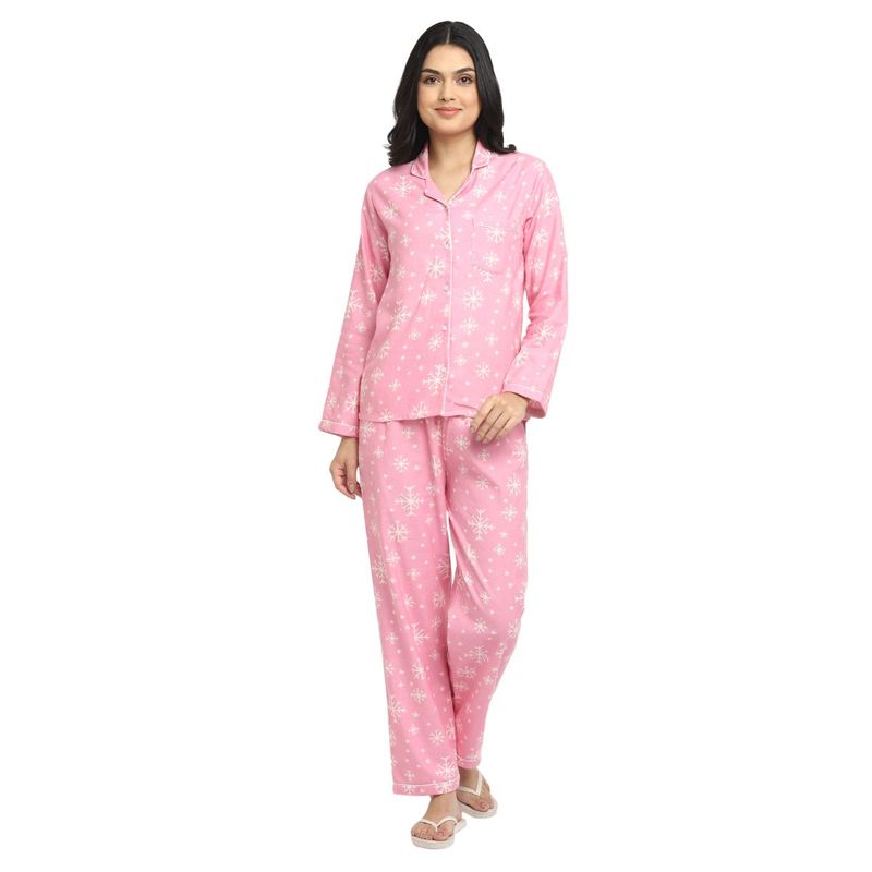 Shopbloom Snowflakes Print Cotton Flannel Long Sleeve Women'S Night Suit - Pink (M)