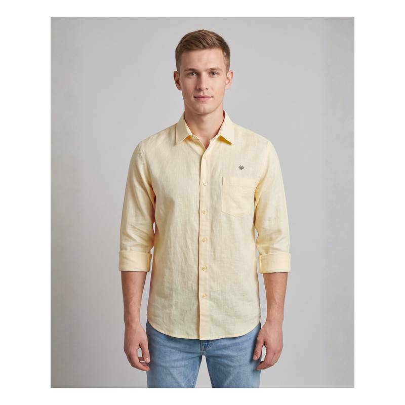 LINENWEAR Cream Linen Men Casual Solid Shirt (S)