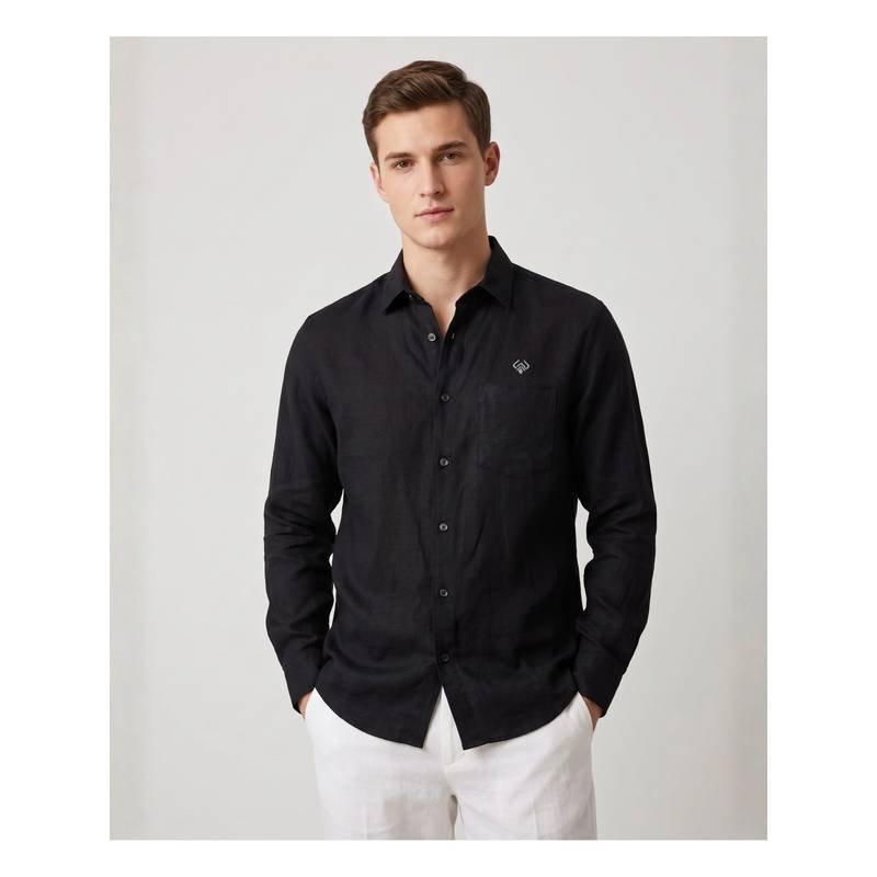LINENWEAR Men Linen Black Solid Regular Fit Shirt (M)