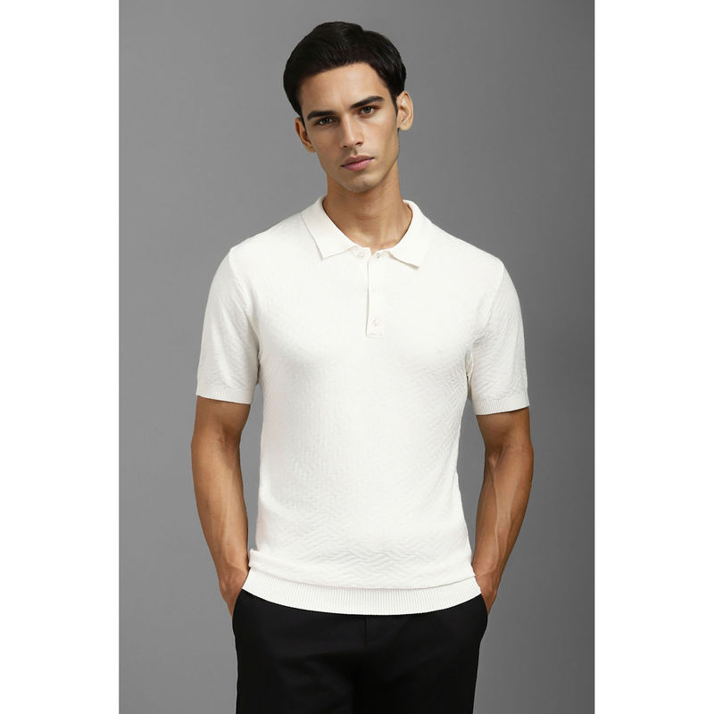 Louis Philippe Men White Textured Collar Neck Polo T-Shirt (S)