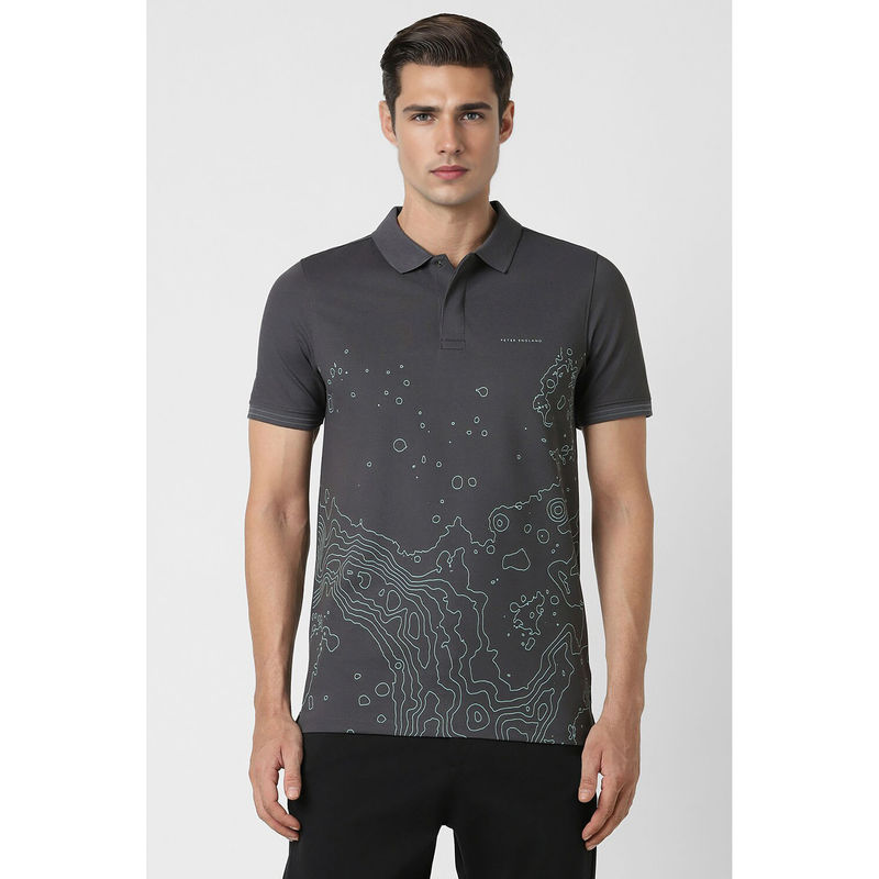 Peter England Men Grey Print Collar Neck Polo T-Shirt (S)
