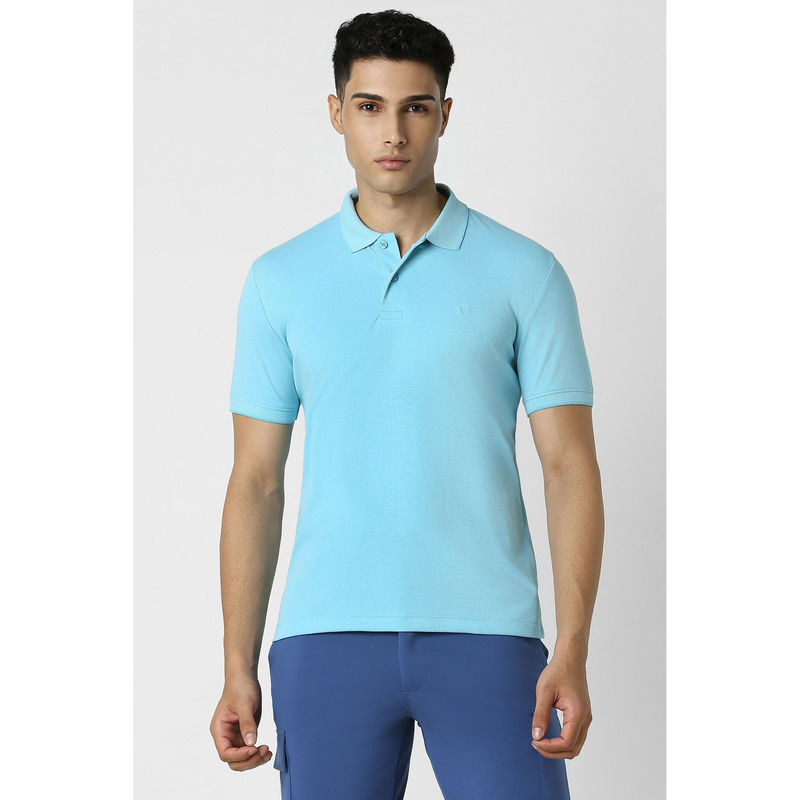 Van Heusen Men Blue Solid Collar Neck Polo T-Shirt (S)