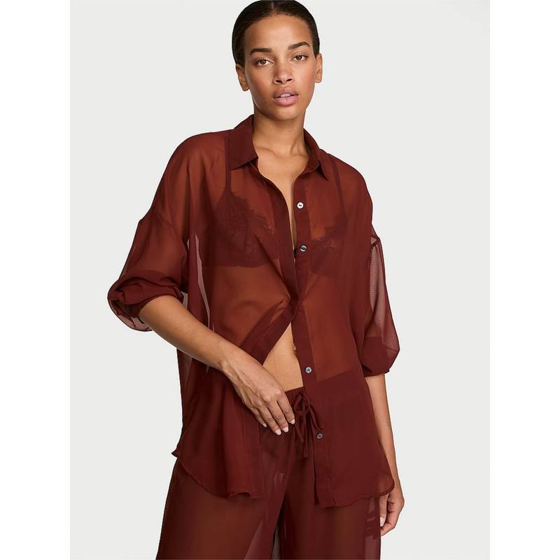 Victoria's Secret Brown Chiffon Button-Front Shirt (XL)
