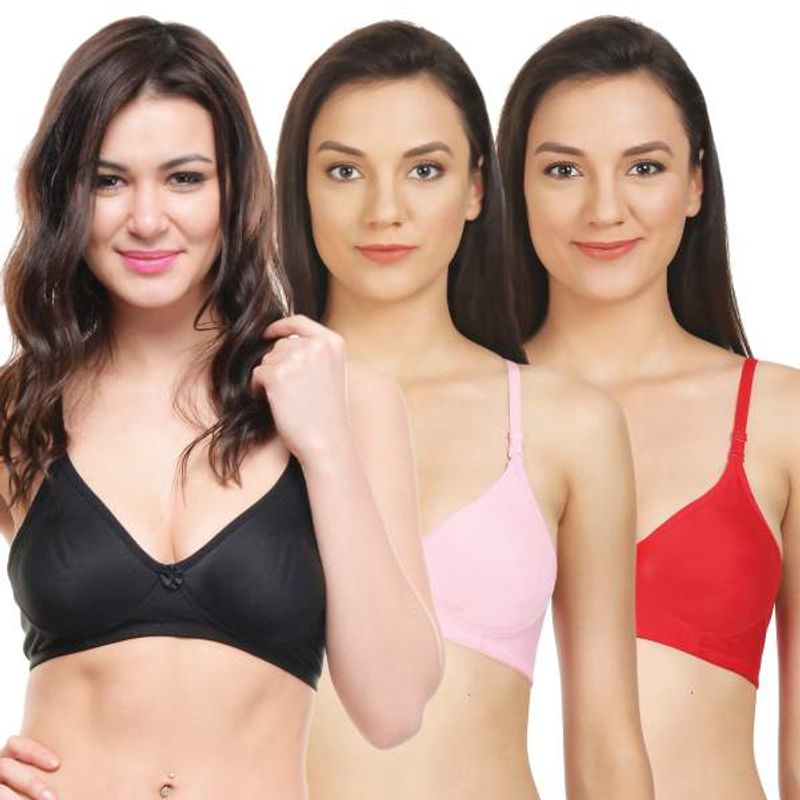 Bodycare Seamless Cup Bra In Black-Pink-Red Color - Pack Of 3 (38B)