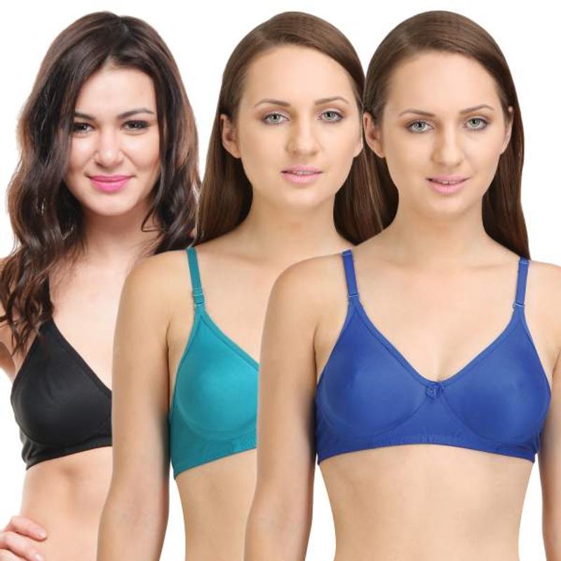 Bodycare Seamless Cup Bra In Royal BlueSea GreenBlack Color Pack Of