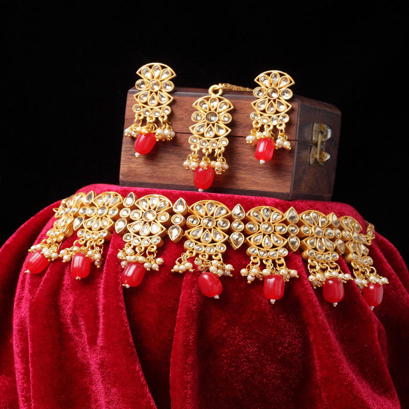 I Jewels Gold Plated Indian Wedding Kundan Necklace Set - Blue Stone Choker With Earrings, Free Size - View #7