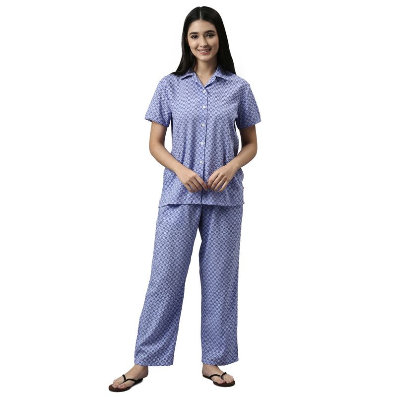 Enamor Womens Essentials Ec17-Modal Woven Printed Shirt & Pant Slounge Set-Purple Geo Aop (M)