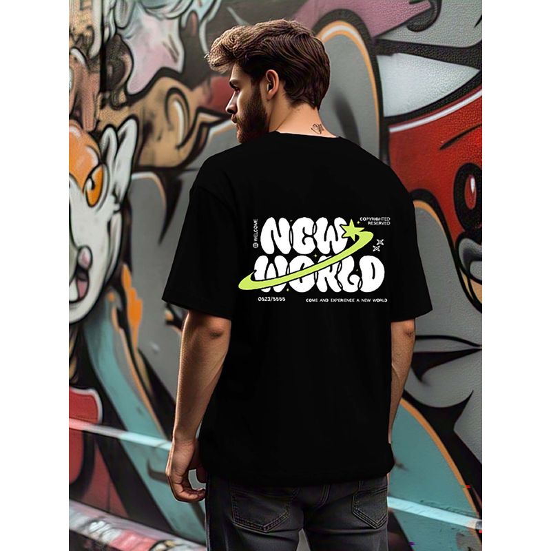 RIGO Men Terry Black Typography Oversized Fit T-Shirt (XL)