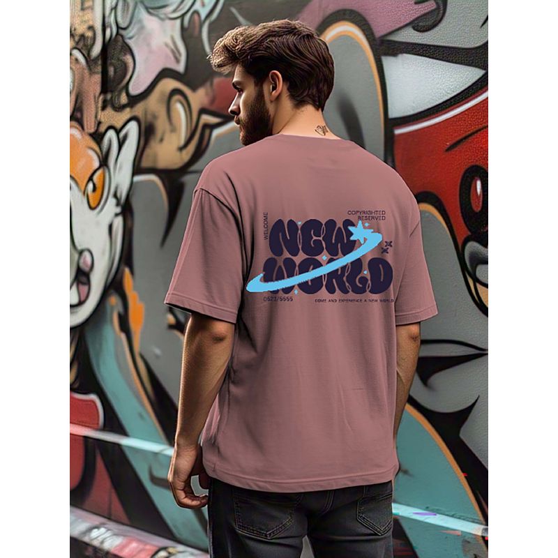 RIGO Men Terry Mauve Typography Oversized Fit T-Shirt (S)