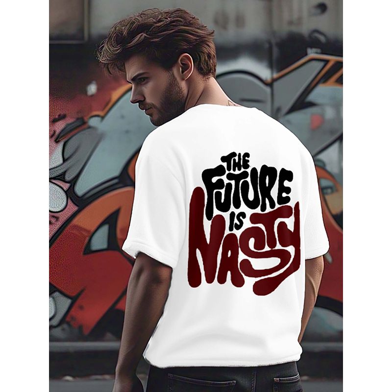 RIGO Men Terry White Typography Oversized Fit T-Shirt (XL)