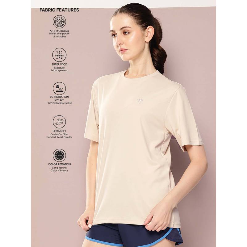 DILLINGER Cream Women Half Sleeve Round Neck Oversized Polyester T-Shirt (S)