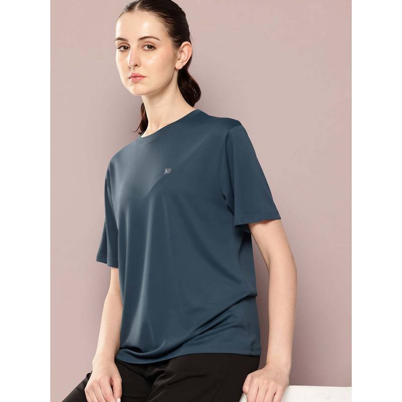 DILLINGER Navy Blue Women Half Sleeve Round Neck Oversized Polyester T-Shirt (S)