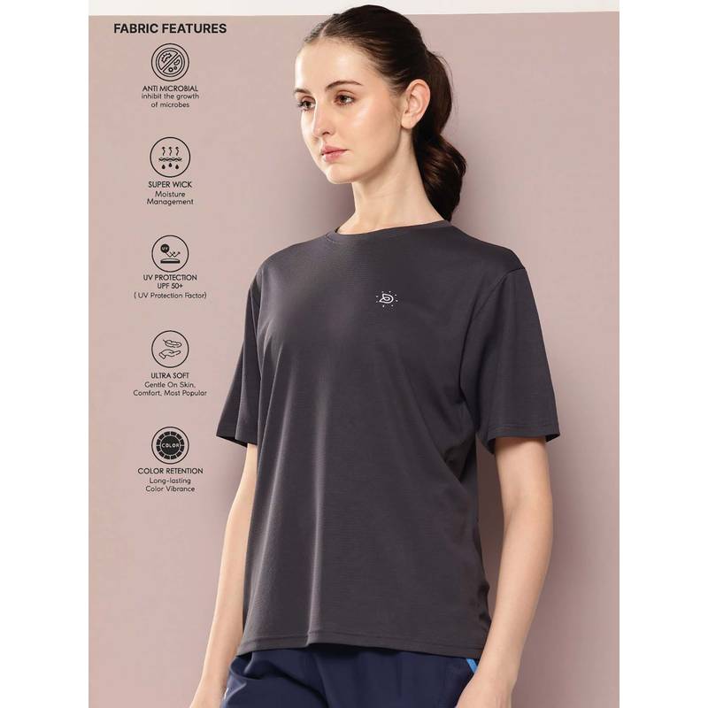 DILLINGER Charcoal Women Half Sleeve Round Neck Oversized Polyester T-Shirt (XS)