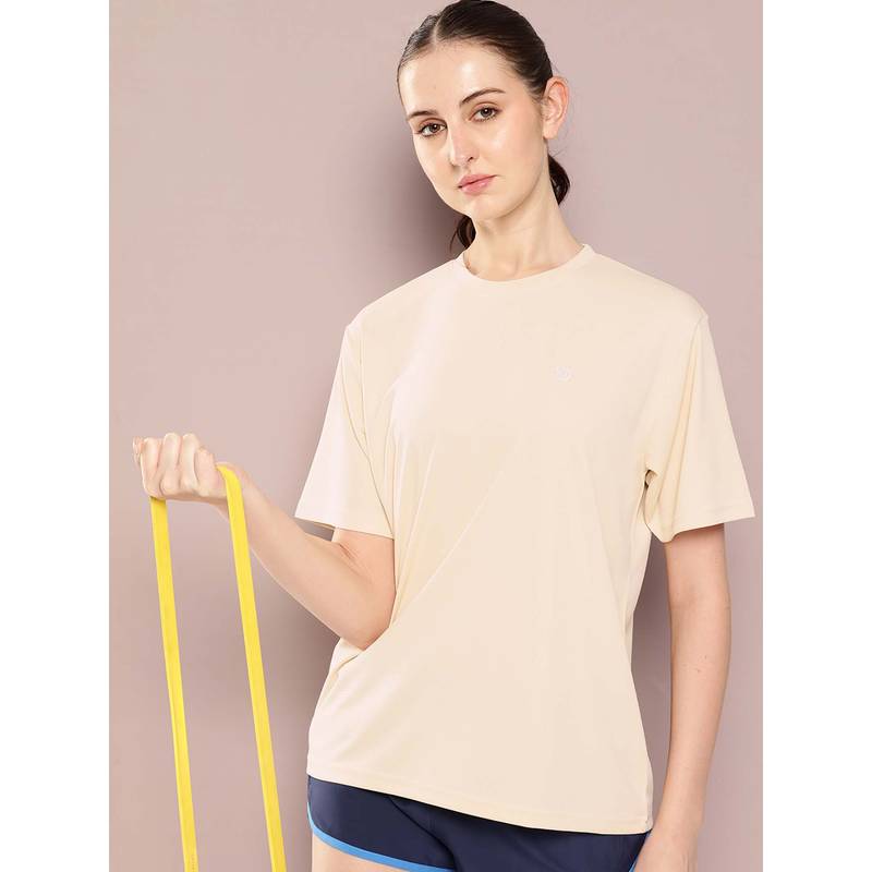DILLINGER Beige Women Half Sleeve Round Neck Oversized Polyester T-Shirt (XS)