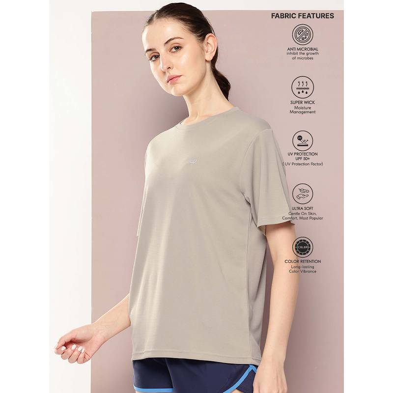 DILLINGER Taupe Women Half Sleeve Round Neck Oversized Polyester T-Shirt (XS)