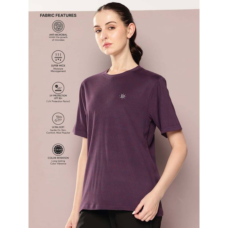 DILLINGER Wine Women Half Sleeve Round Neck Oversized Polyester T-Shirt (S)