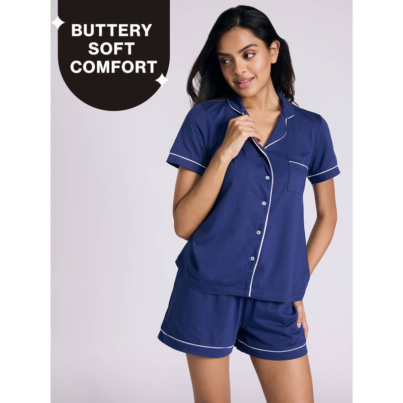 Nykd By Nykaa Buttery Soft Cotton Modal Button-Down Shorts Set Of 2 Nys927 Navy (XL)