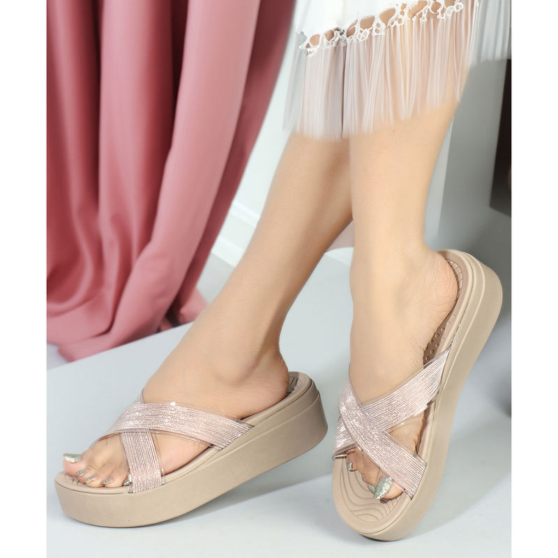 ELLE Rose Gold Embellished Open Back Women Sandals (EURO 36)